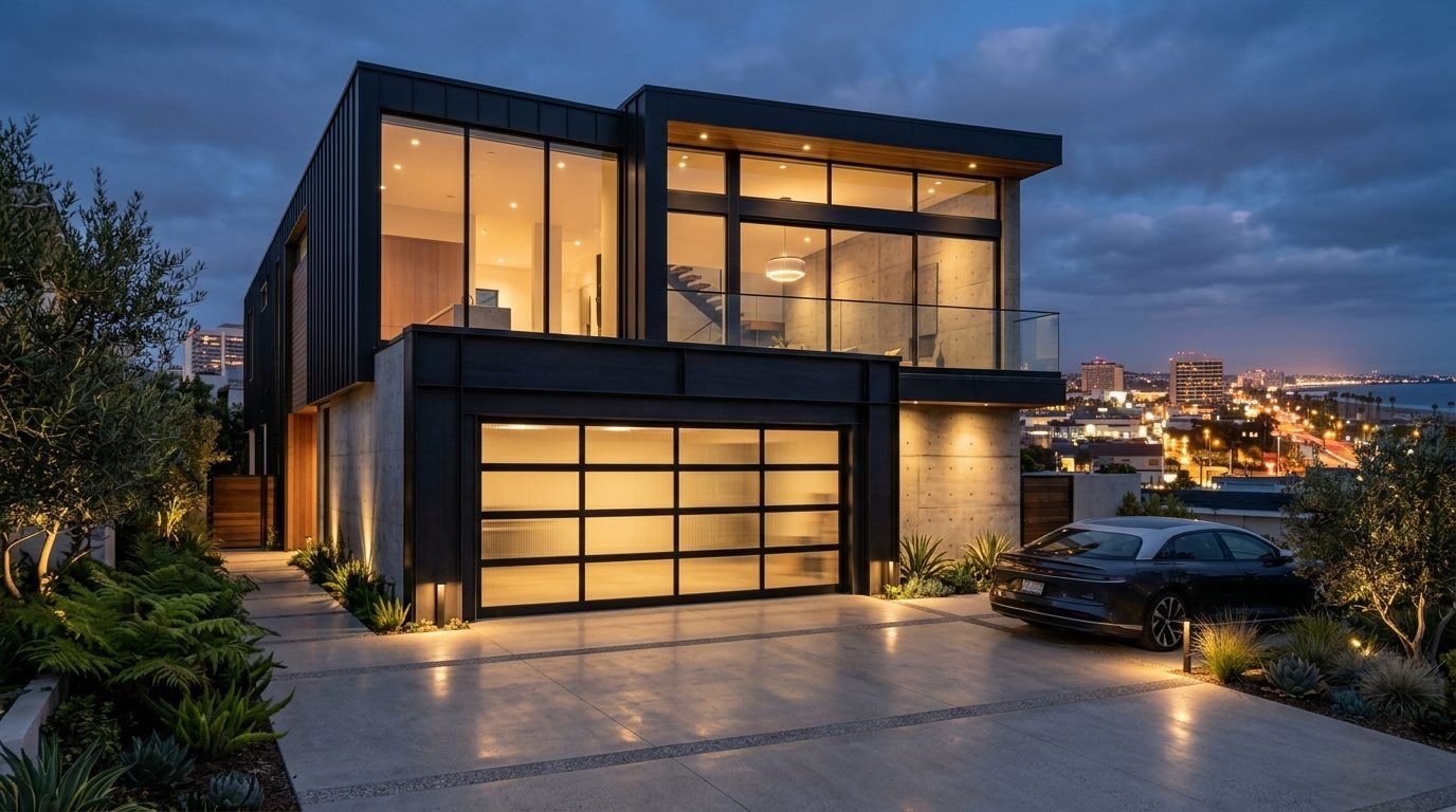 Sami Premier Garage Door Exterior Closed Garage Door at Twilight